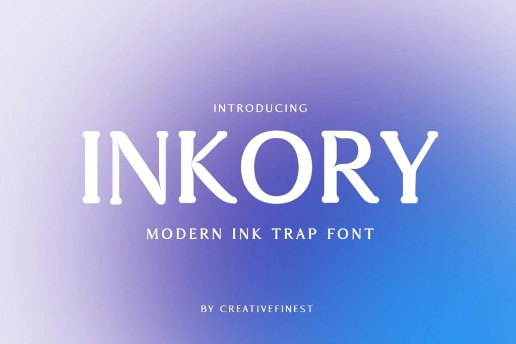 Preview image of Inkory, a modern ink trap font with clean white letters on a soft purple-to-blue gradient background. Text reads: Introducing Inkory.